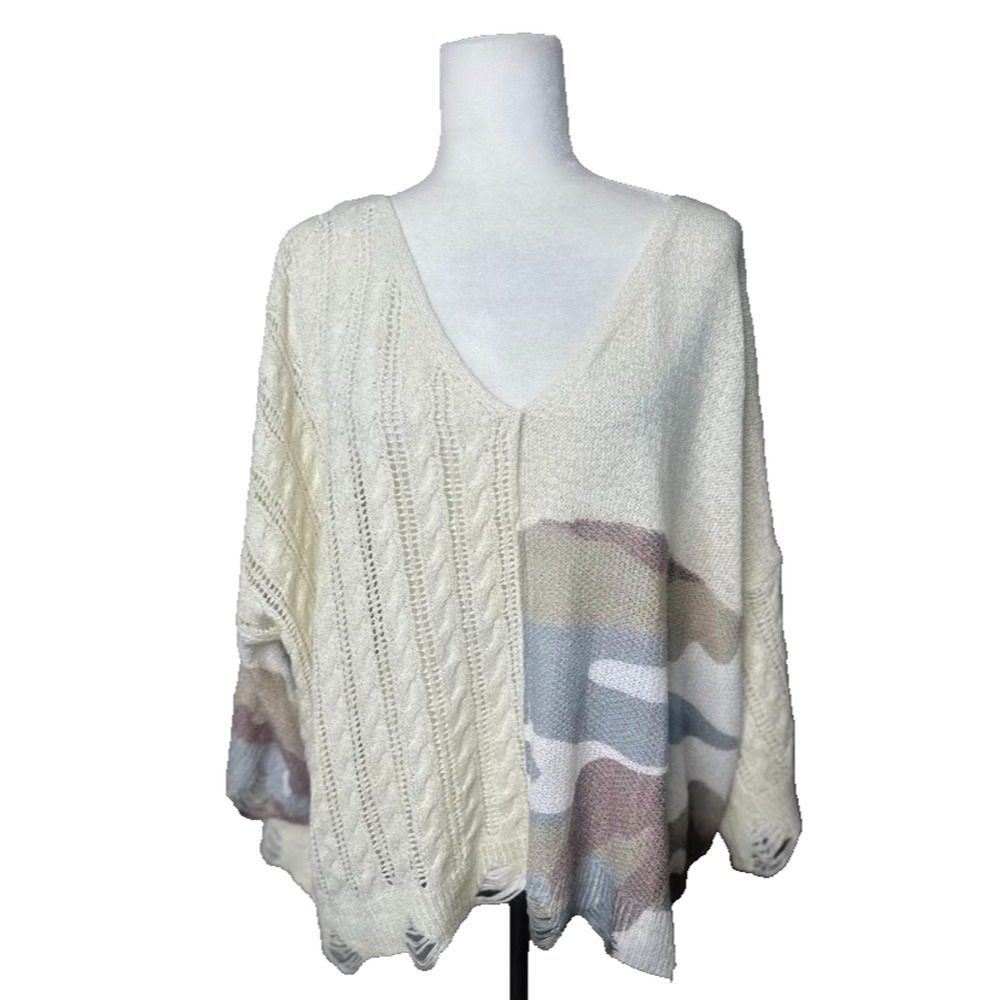 POL Oversized Dolman Sweater S Relaxed Lightweight Patchwork Camo Distressed